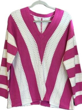 Fuchsia & Cream V‑Neck Striped Women’s Sweater